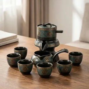 Set da tè in ceramica da 8 pezzi con teiera rotante e tazze